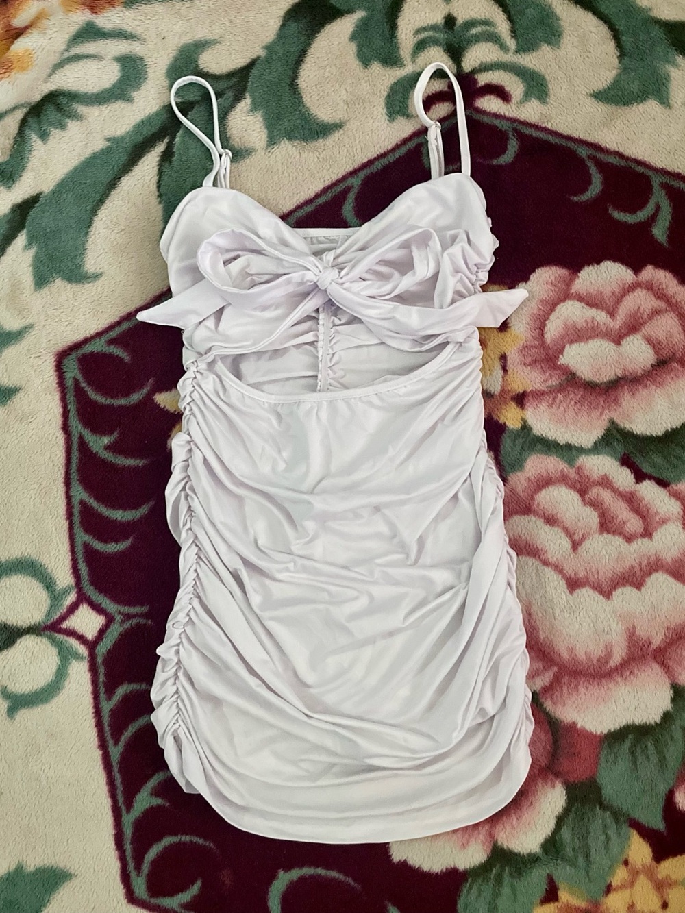 Sexy White Ruched Bow open Front Slip stretchy preloved club wear mini M Dress